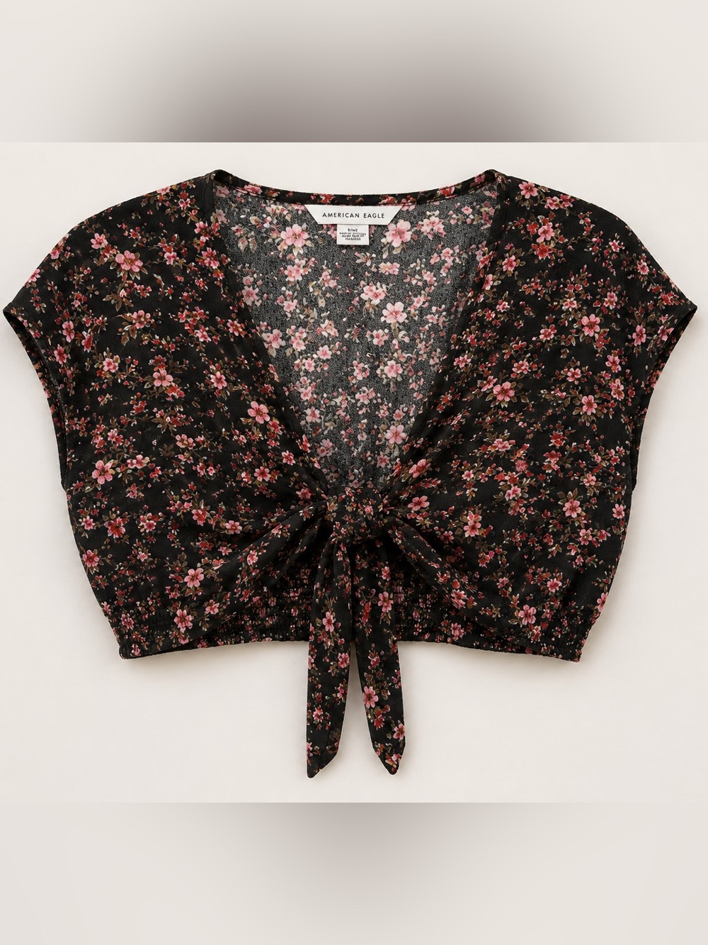 American Eagle Floral Tie Front Crop Top Black Pink Cottagecore Size M